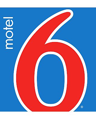 The image shows the Motel 6 logo, featuring a large red number 6 on a blue background with the word 